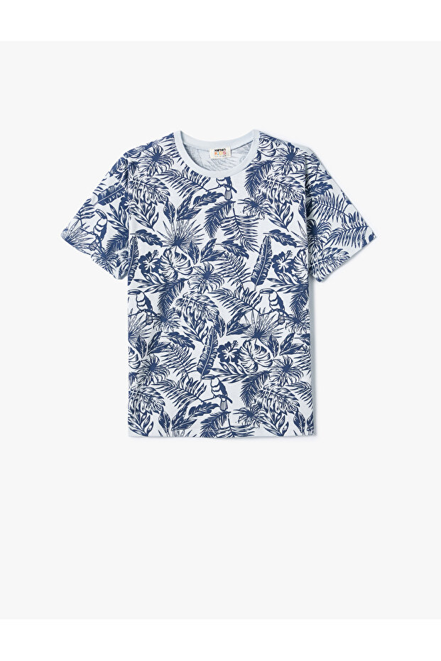 T-Shirt Crew Neck Short Sleeve Tropical Printed Cotton