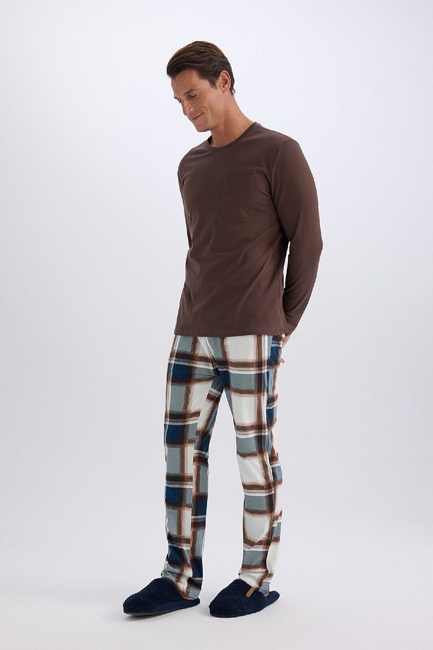 Regular Fit Pijama Takımı Bisiklet Yaka Uzun Kollu Üst Kareli Uzun Alt D8213AX24WN - 2