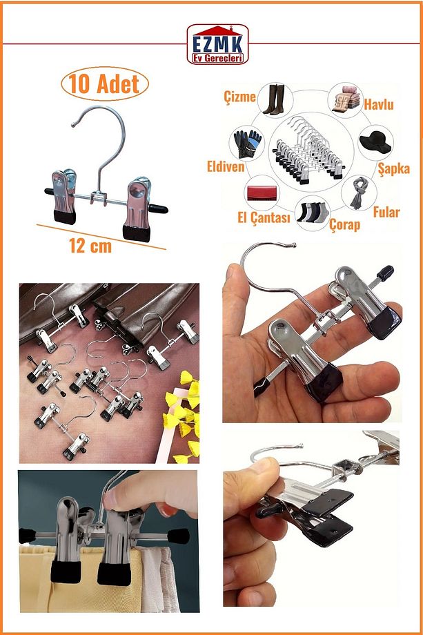 Ayarlanabilir Mandallı, Krom Metal Eşarp Askısı, Şapka Askısı \ 10 Adet \ 12 Cm - 1