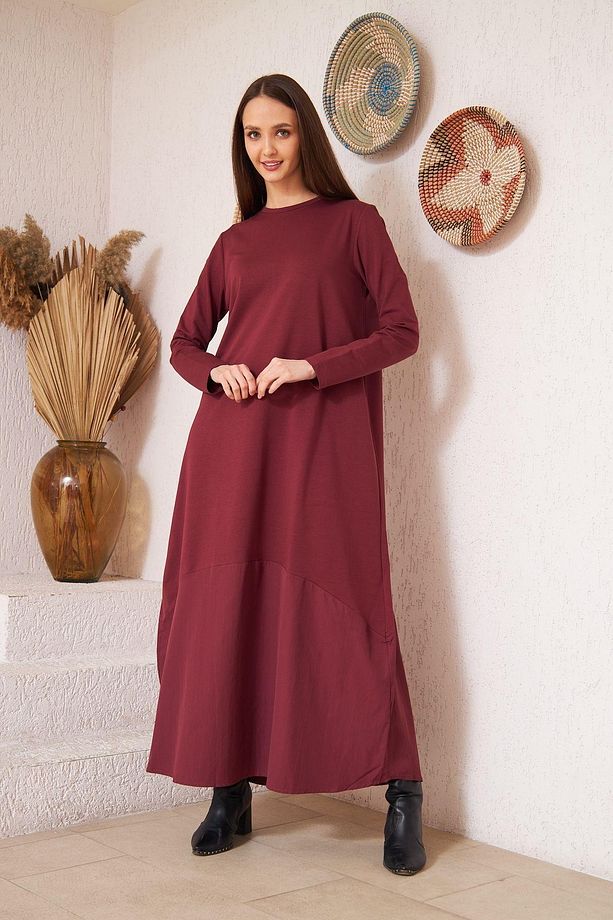 Kadın Bordo Uzun Kollu Eteği Poplin Detaylı Maxi Boy Elbise Dm4640 - 3