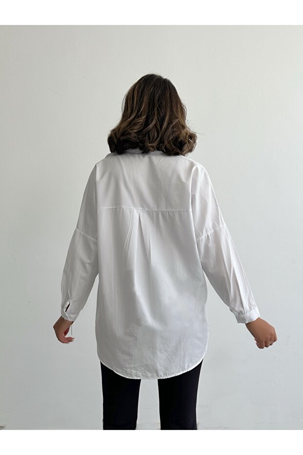 Kadın Beyaz Oversize Uzun Basic Gömlek - 6
