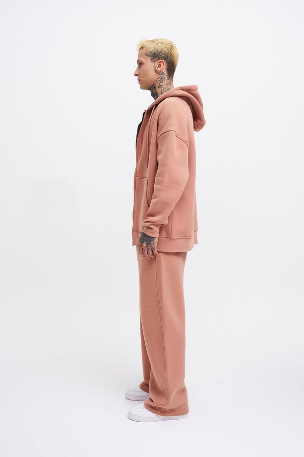 Erkek Basic Fermuarlı Cepli Kapüşonlu Oversize Bakır Sweatshirt - 6
