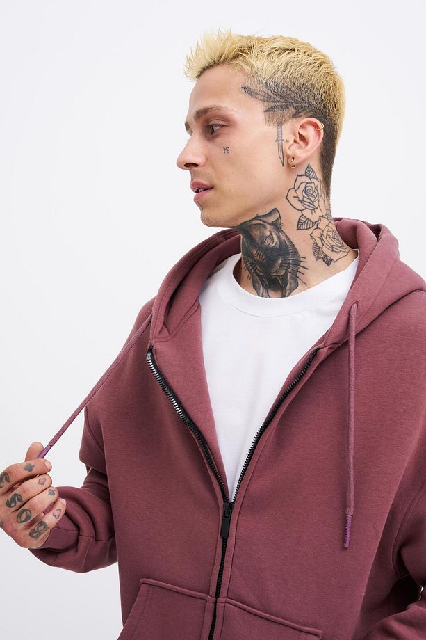 Erkek Basic Fermuarlı Cepli Kapüşonlu Oversize Mürdüm Sweatshirt - 3