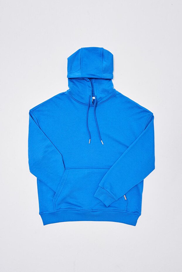 Erkek Kapüşonlu Oversize Saks Sweatshirt - 7