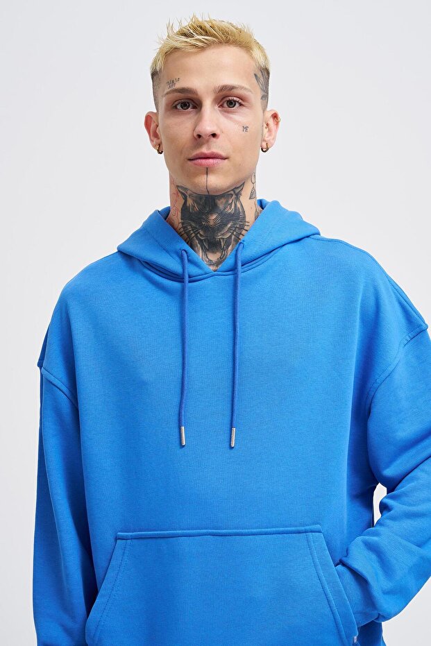 Erkek Kapüşonlu Oversize Saks Sweatshirt - 3