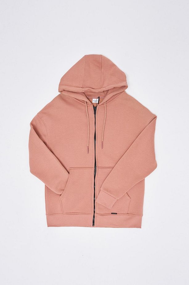 Erkek Basic Fermuarlı Cepli Kapüşonlu Oversize Bakır Sweatshirt - 8