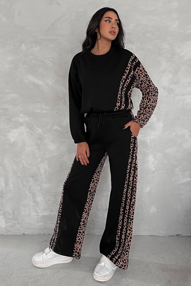 Women's Black Leopard Print Elastic Waist Bottom-Top Double Tracksuit Set