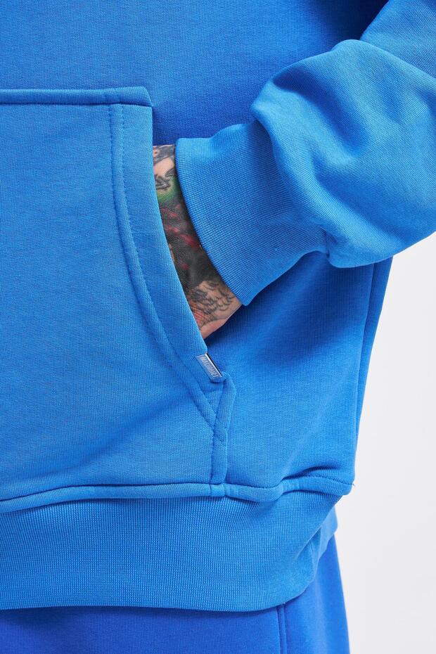 Erkek Kapüşonlu Oversize Saks Sweatshirt - 4