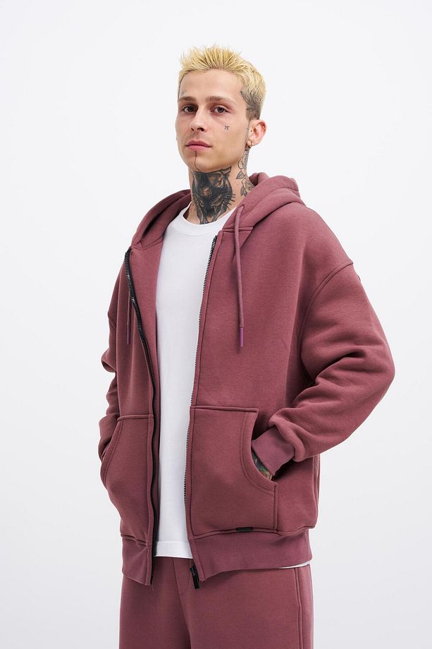Erkek Basic Fermuarlı Cepli Kapüşonlu Oversize Mürdüm Sweatshirt - 2