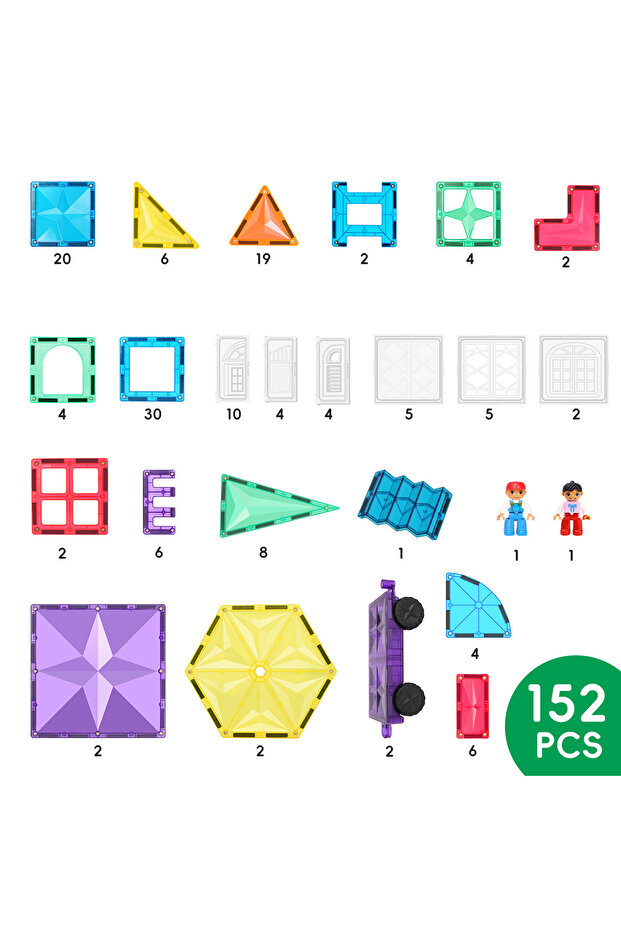 152 Parça Manyetik Yapı Blokları 2 Adet Tekerlekli & Araba Parçalı Magnetic Tiles - 3