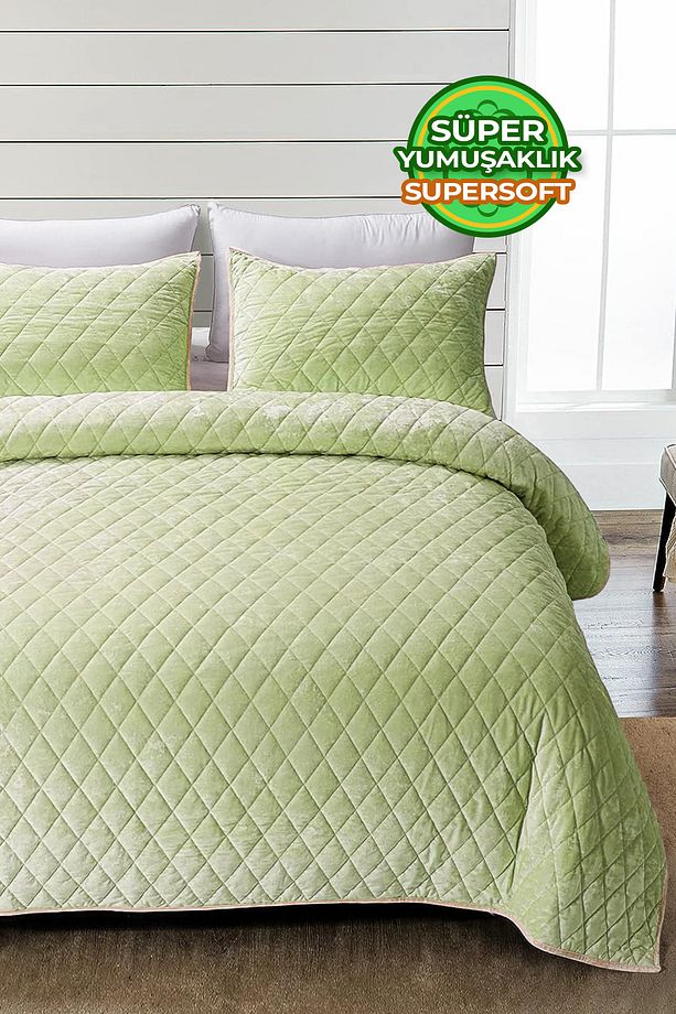 Kapitone Kadife Yatak Örtüsü Seti Tek Kişilik Supersoft 2 Parça Yumuşak Elyaf Dolgulu Yeşil - 1