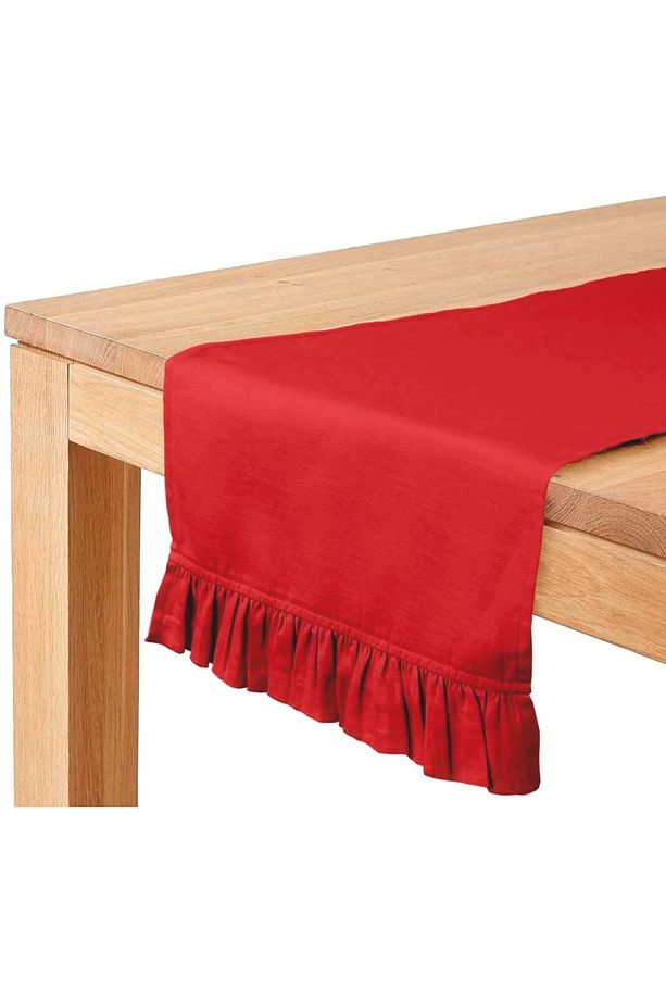 Kırmızı Fırfırlı Runner 40 x 140 cm Yumuşak Tuşeli ,Kadife Görünümlü, Bohem, İskandinav, Yılbaşı - 1