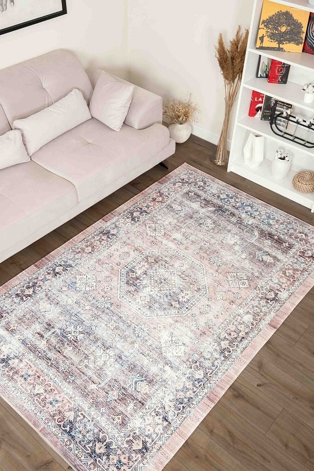 Retro Desenli Yıkanabilir Kaymaz Taban Krem Şönil Mutfak Halısı 4063 - 6