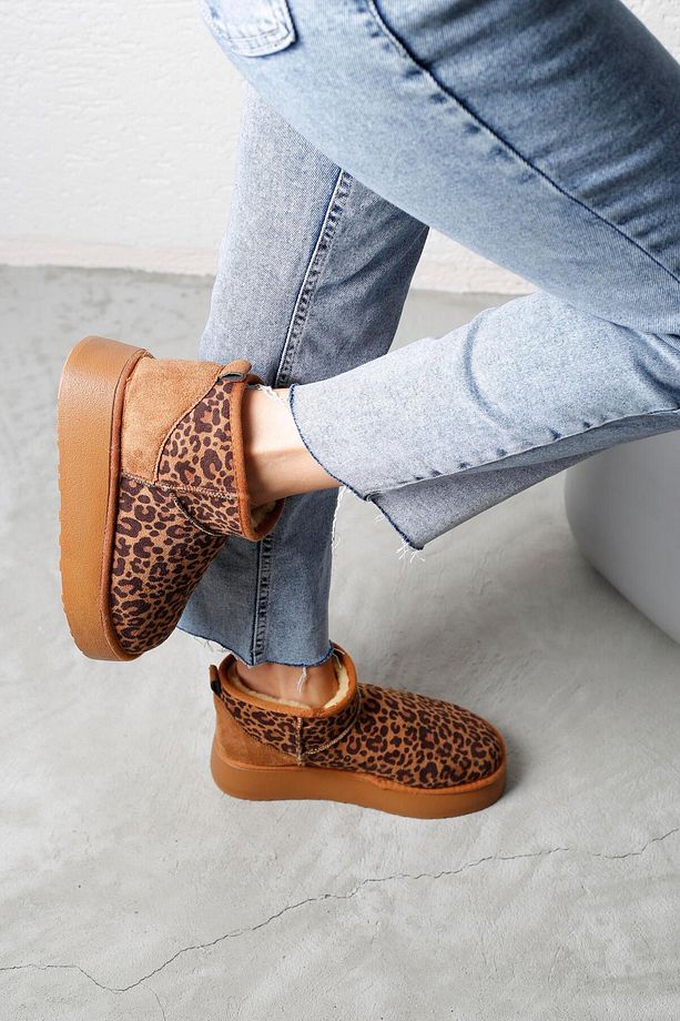 Kadın Taba Leopar Ultra Mini İçi Kürklü Yüksek Tabanlı Süet Bot 4,5cm BYNDUM02 - 4