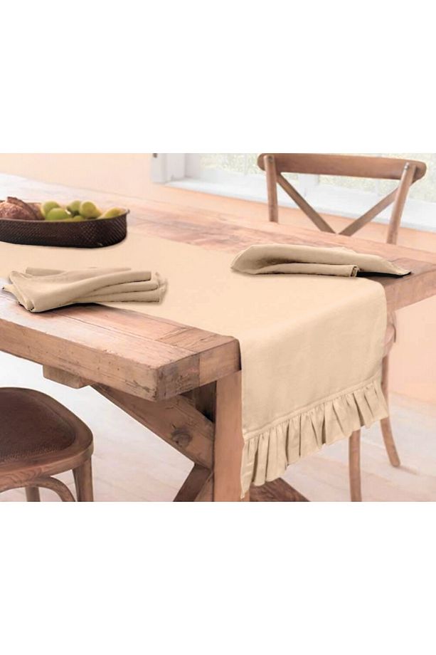 Bej Fırfırlı Runner 40 x 140 cm Yumuşak Tuşeli ,Kadife Görünümlü, Bohem, İskandinav, Yılbaşı - 2