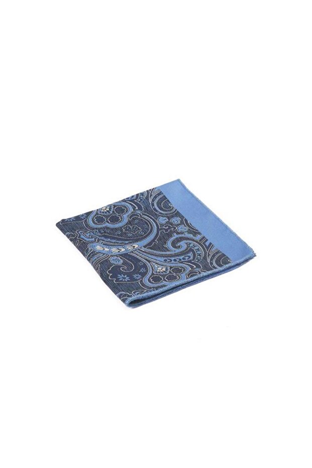 Lacivert Mavi Şal Motif Desen Kravat Mendil Set - 3