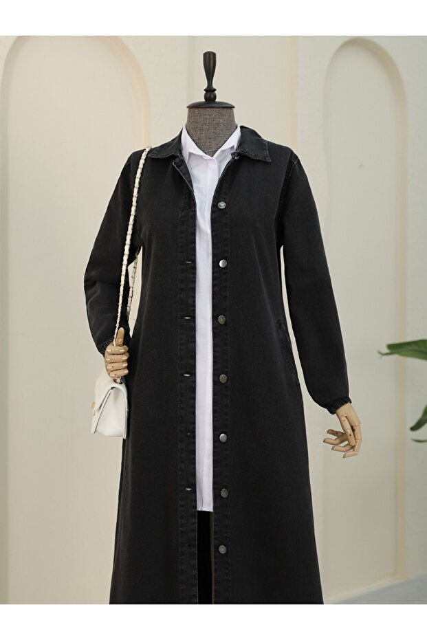 Buttoned Jeans Cap with Elasticated Sleeves - Black - 1