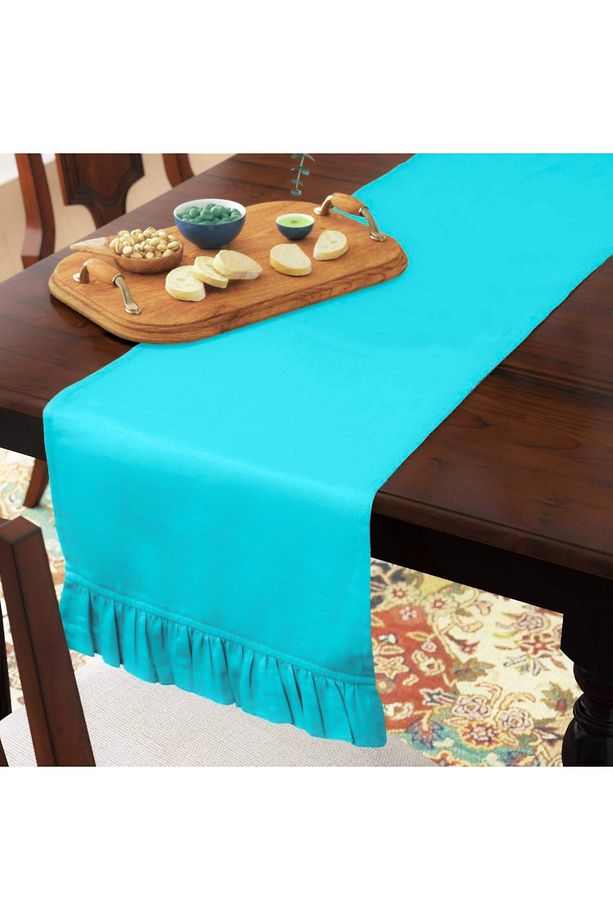 Turkuaz Fırfırlı Runner 40 x 140 cm Yumuşak Tuşeli ,Kadife Görünümlü, Bohem, İskandinav, Yılbaşı - 3