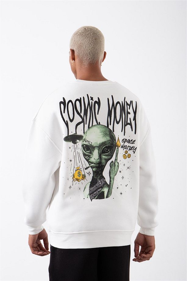Erkek Cosmic Monkey Baskılı Oversize Ekru Sweatshirt - 1