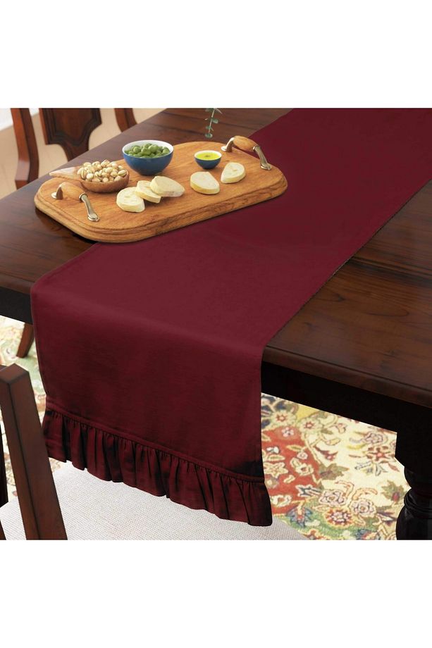 Bordo  Fırfırlı Runner 40 x 140 cm Yumuşak Tuşeli ,Kadife Görünümlü, Bohem, İskandinav, Yılbaşı - 3