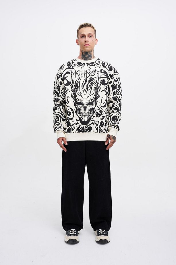 Erkek Skull Baskılı Oversize Ekru Sweatshirt - 3