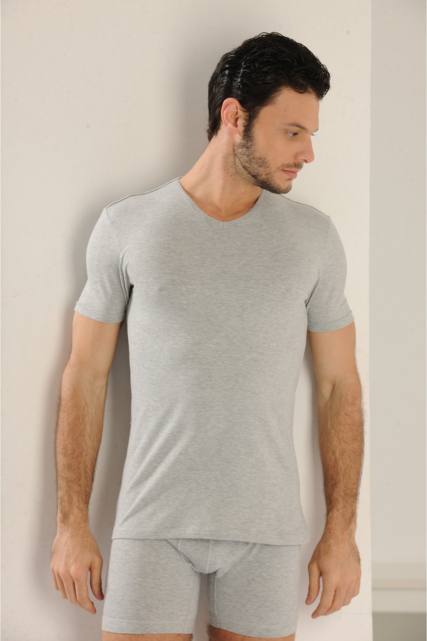Comfortable Texture Men's Cotton Gray V-Neck Undershirt - 1