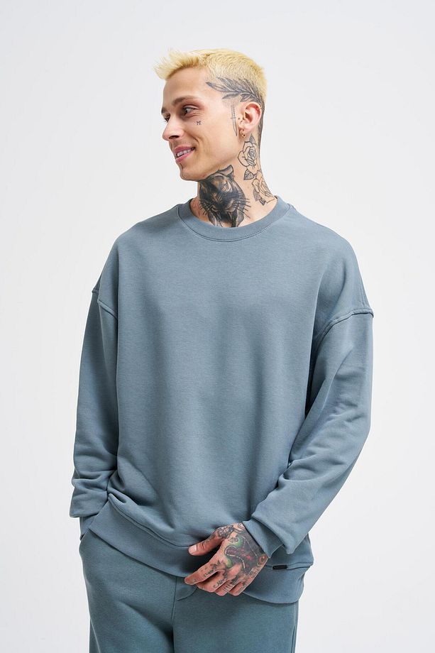 Erkek Basic Oversize Mavi Sweatshirt - 2