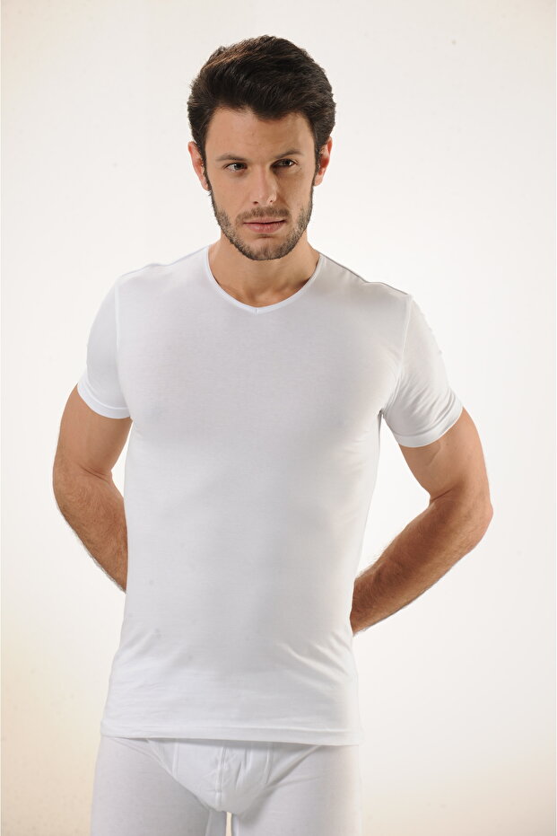 Comfortable Texture Men's Cotton White V-Neck Undershirt - 5