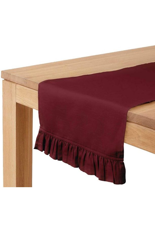 Bordo  Fırfırlı Runner 40 x 140 cm Yumuşak Tuşeli ,Kadife Görünümlü, Bohem, İskandinav, Yılbaşı - 1