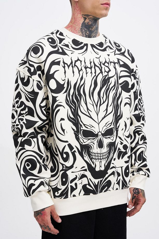 Erkek Skull Baskılı Oversize Ekru Sweatshirt - 2