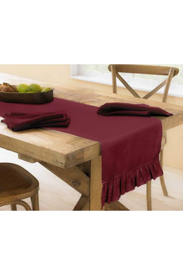 Bordo  Fırfırlı Runner 40 x 140 cm Yumuşak Tuşeli ,Kadife Görünümlü, Bohem, İskandinav, Yılbaşı - 2