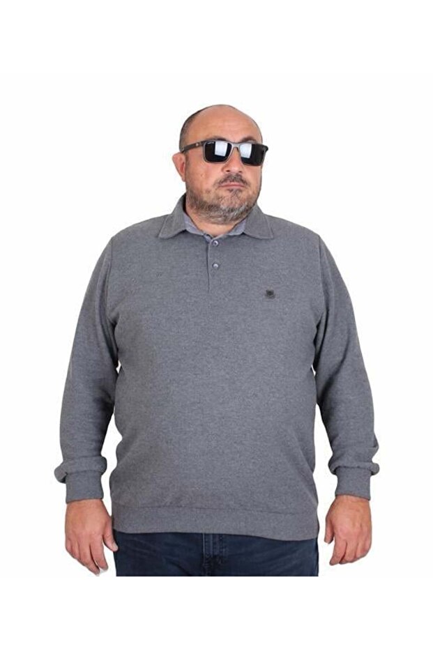 Men's Large Size Polo Collar Sweatshirt 24409 Anthracite Melange