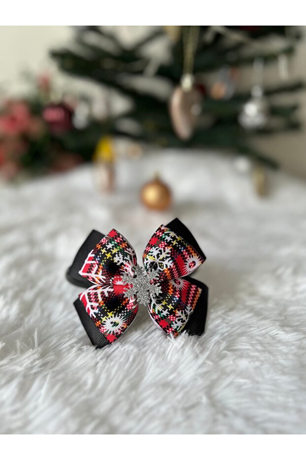 Snowflake Black Detailed Christmas Ribbon Crown Clasp