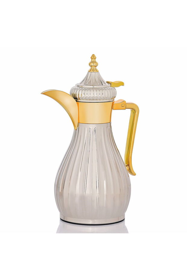 Tamim 5 Thermos Dallah, 0.60 L, Glass Inner Container, Stainless Steel Outer Body - Silver Gold