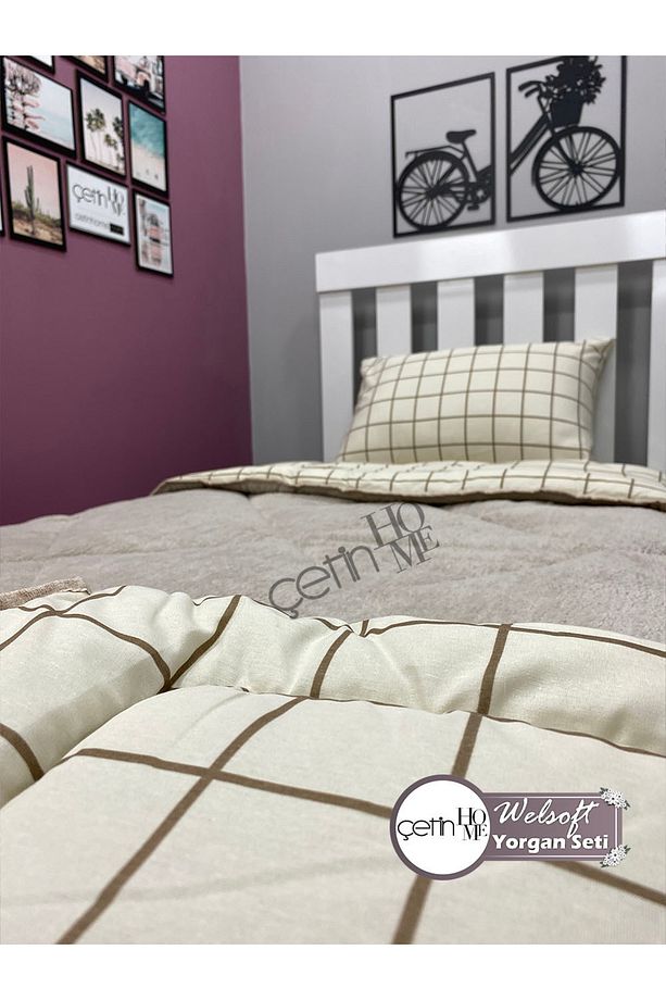 Tek Kişilik Çift Yönlü Welsoft Yorgan Yastık Kılıflı Yumuşak Yüzeyli 155x215cm Kare Krem - 5