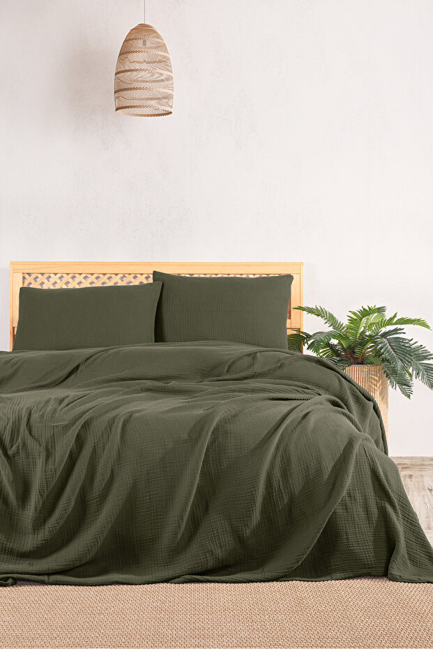 4 Layer Muslin Double Bed Cover Set-230X250 Cm, Summer Pique & Pillow Case (3 Pieces)-Khaki