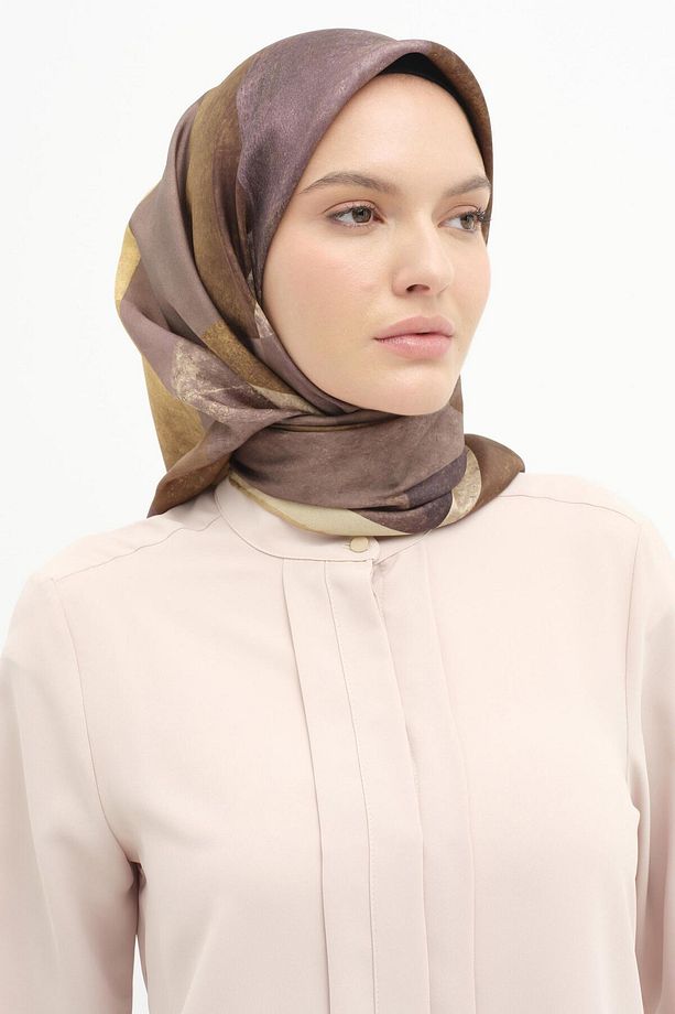 Patchwork Desen Twill İpek Eşarp - Kahve - 2