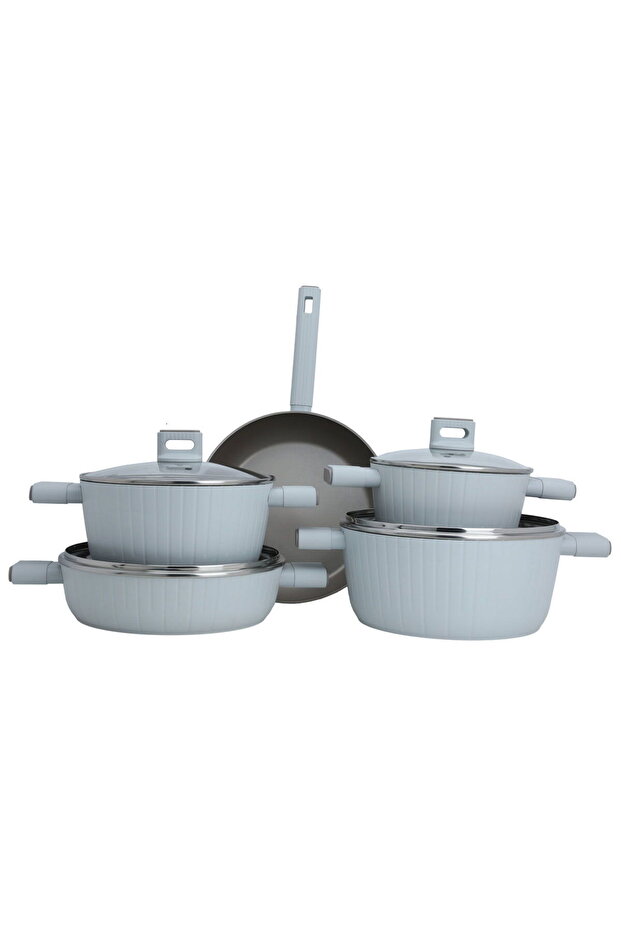 Light Gray Cookware Set With Glass Lid, 9 Pieces