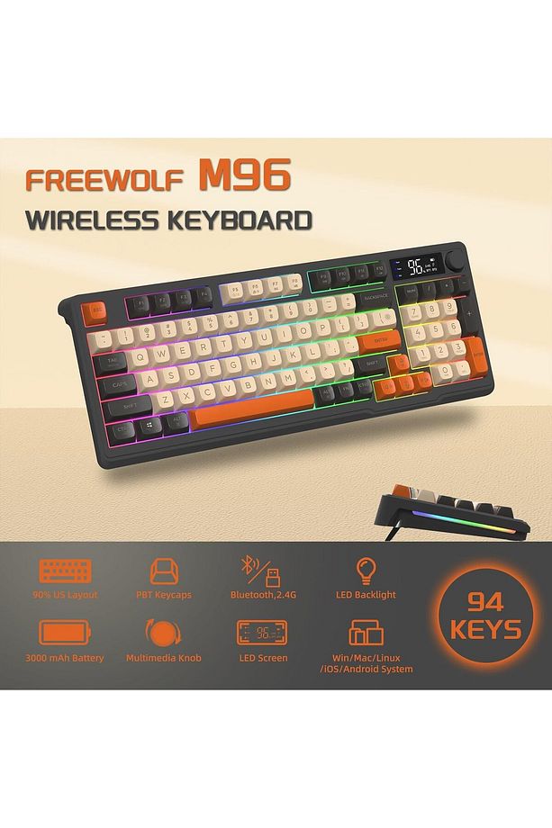 Freewolf M96 2.4g Bt5.0 Çift Bağlantılı Tft Led Ekranlı Reinbow Gaming Oyuncu Klavye - 5