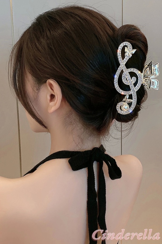 Left-Handed Switch Note Musical Rhinestone Metal Clasp Silver Color - Women's Clasp Hair Bun Clip