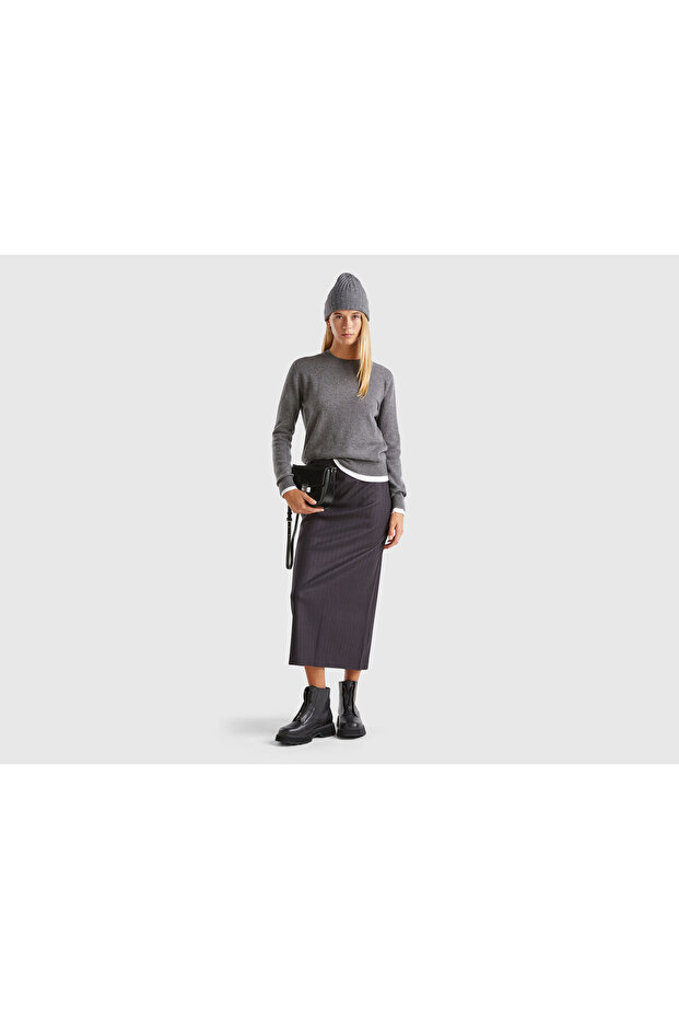 Women's Anthracite Melange 100% Cashmere Round Neck Plain Sweater