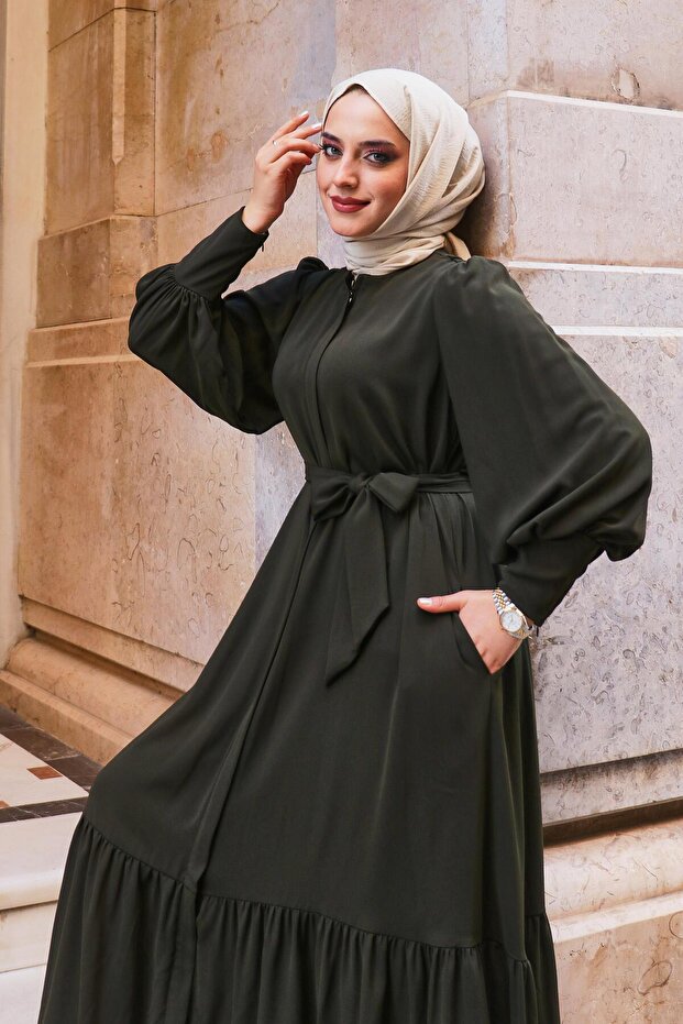 Balan Kol Eteği Fırfır Detaylı Krep Sena Ferace Haki Yeşil - 1