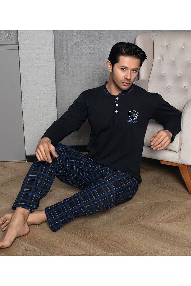 Erkek Penye Lacivert Uzun Kollu Altı Ekoseli Pijama Takımı - 1