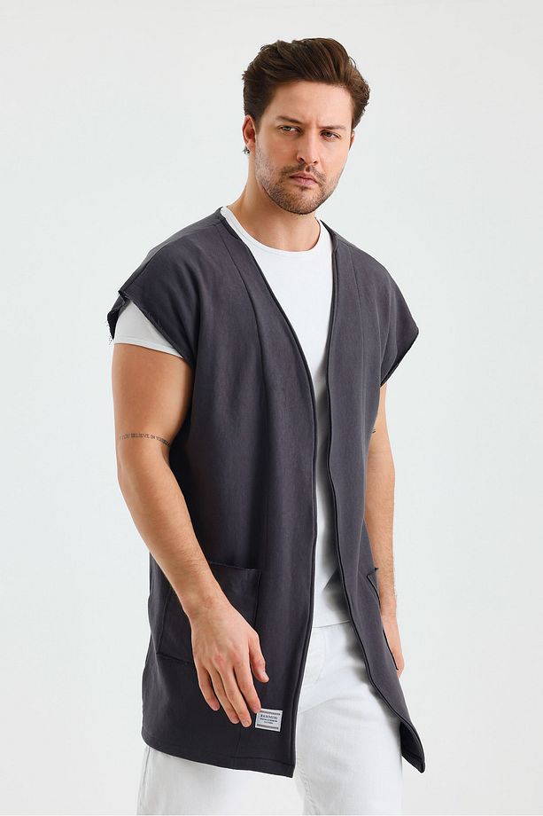 Sıfır Kol Oversize Bohem Yelek Çift Cepli - 5