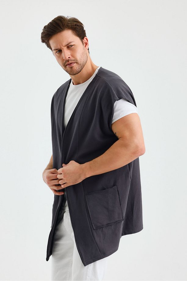 Sıfır Kol Oversize Bohem Yelek Çift Cepli - 6