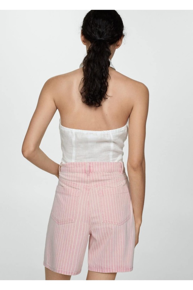 Çizgili denim şort - 4