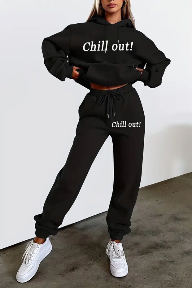 3 İplik Chill Out Sweatshirt Sweatpants Jogger - Black Printed Sweatpants Set with Hood