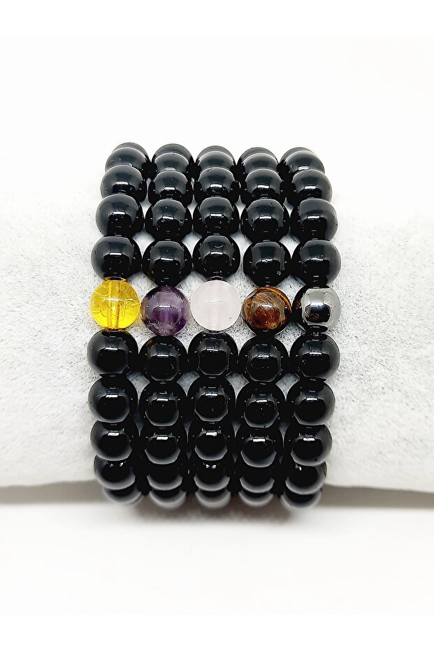 5-Piece Natural Stone Men's Bracelet Set (Citrine-Amethyst-Pink Quartz-Eyelets-Hematite)