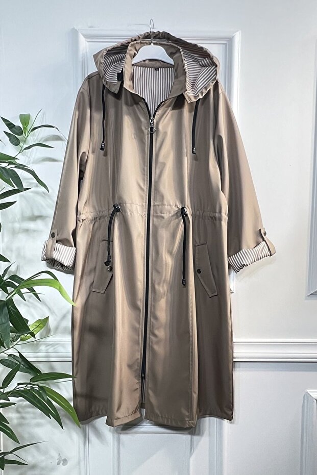 Rüya Detachable Hooded Striped Mid-Length Trench Coat - Beige