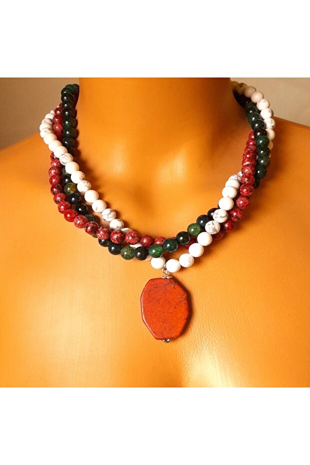 Howlite Agate Jasper 3 Row Protection from Evil Eye, Grounding and Calmness Necklace